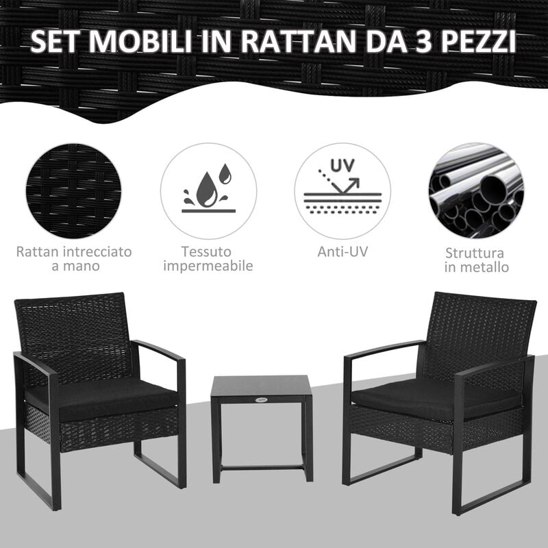 Outsunny set da giardino Mobili in Rattan da Esterno Tavolino con 2 Sedie  Cuscini, Nero Giardino