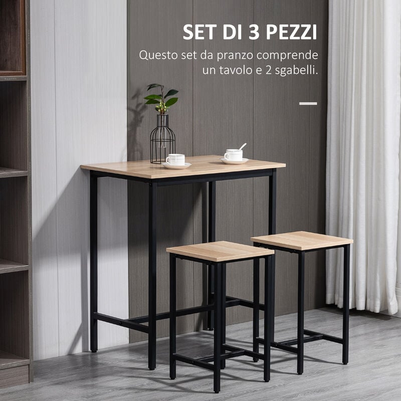 HOMCOM Set da Pranzo con Tavolo con 2 Sgabelli Legno e Acciaio Stile  Industriale