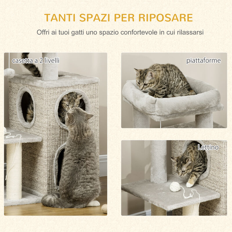 PawHut Tiragraffi per Gatti da 5kg max con Lettino e Pallina da Gioco, in  Truciolato, Peluche e Sisal, 60x40x91 cm