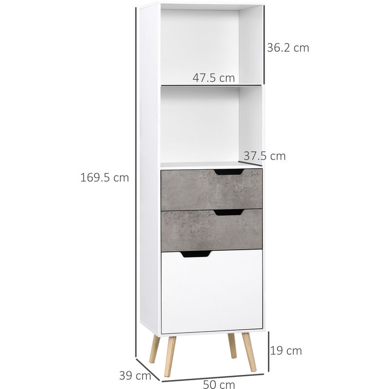 HOMCOM Mobile da Salotto con 3 Cassetti e 2 Ripiani Aperti in Truciolato e  Legno di Pino, 50x39x169.5 cm, Grigio Bianco