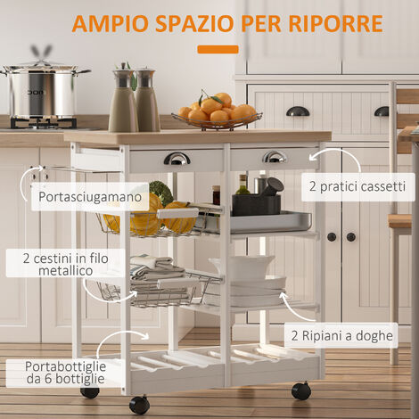 HOMCOM Carrello Portavivande con Cassetti Ripiani e Cestelli in Legno di Pino