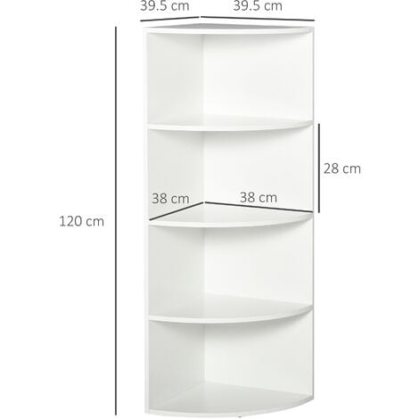 HOMCOM Libreria ad Angolo 4 Ripiani a Muro e Parete Bianco 39.5x39.5x120cm