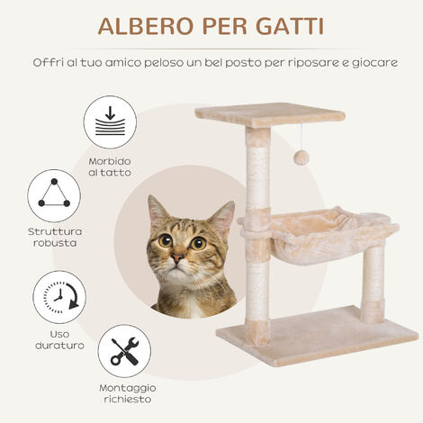 PawHut Albero Tiragraffi per gatto con 2 Pali in Legno e Sisal e Cuscini su  3 Livelli 50 x 40 x 91cm