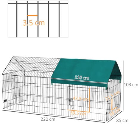 PawHut Recinto per Conigli con Tettuccio a Casetta in Tessuto 220x85x103cm Verde