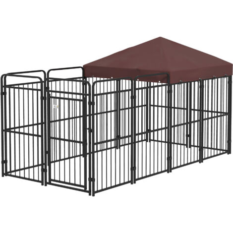 PawHut Kennel per Cani da Esterno in Metallo con Tettuccio Marrone