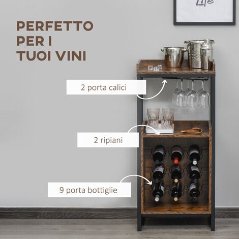 HOMCOM Mobiletto Porta Vini per 9 Bottiglie con Portacalici Stile  Industriale
