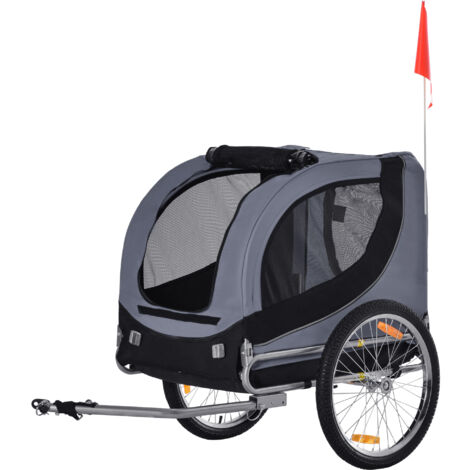 PawHut Rimorchio Bici per Cani Taglia Media con Finestre Laterali e Bandierina, Rimorchio per Bici in Acciaio e Tessuto Oxford, 130x73x90 cm, Grigio e Nero