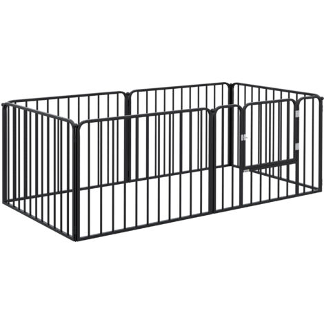 PawHut Box per Cani a 6 Pannelli in Acciaio Nero con 7 Picchetti