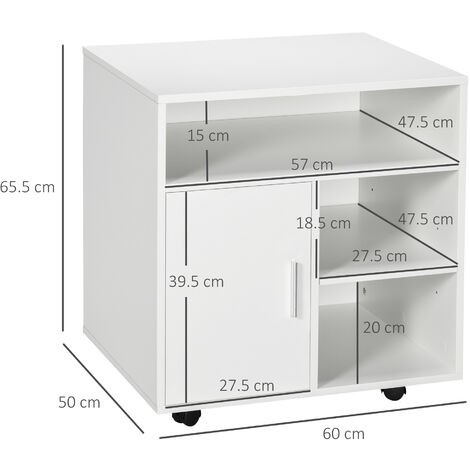 Mobile Porta Stampante HOMCOM - Con Ruote, Ripiani E Armadietto, Legno, 60x50x65.5 Cm, Bianco - Foto 10