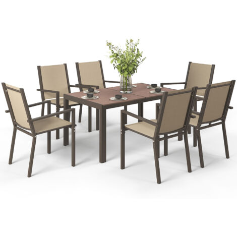Outsunny Set da Giardino 7pz con 6 Sedie Impilabili e Tavolo Kaki e Marrone