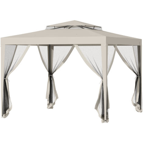 Outsunny Gazebo con Zanzariera 3x3m in Metallo con Doppio Tetto Beige