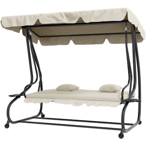 Outsunny Dondolo Letto 3 Posti Regolabile con Portabicchieri Crema