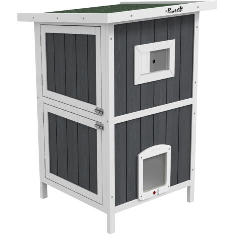 PawHut Casetta per Gatti da Esterno a 2 Livelli in Legno con 4 Porte Grigio