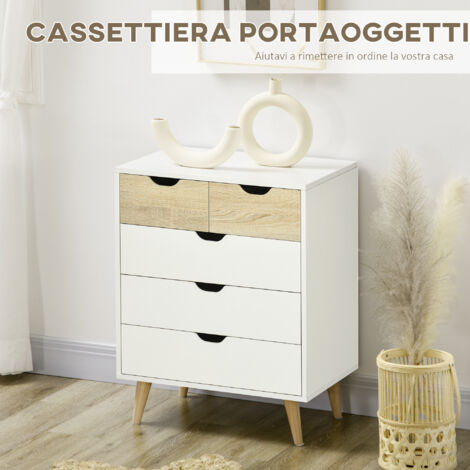 HOMCOM Cassettiera 4 Cassetti – 74x35x97 Cm, Bianco Con Maniglie Nere, Per Camera E Soggiorno