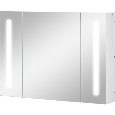 kleankin Specchio Bagno a Parete con 3 Armadietti 3 Ripiani e Luce LED Bianco