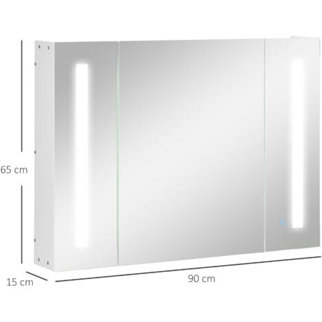 kleankin Specchio Bagno a Parete con 3 Armadietti 3 Ripiani e Luce LED Bianco
