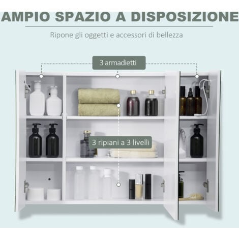kleankin Specchio Bagno a Parete con 3 Armadietti 3 Ripiani e Luce LED Bianco