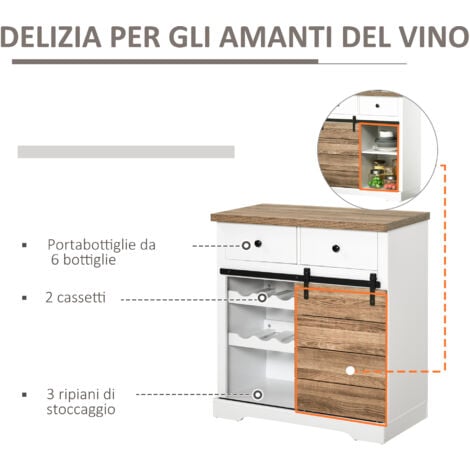 HOMCOM Credenza da Cucina con 2 Cassetti Ripiani Aperti e Portabottiglie