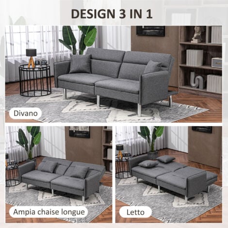 HOMCOM Divano Letto 3 Posti Clic Clac 2 Cuscini Schienale Reclinabile Grigio