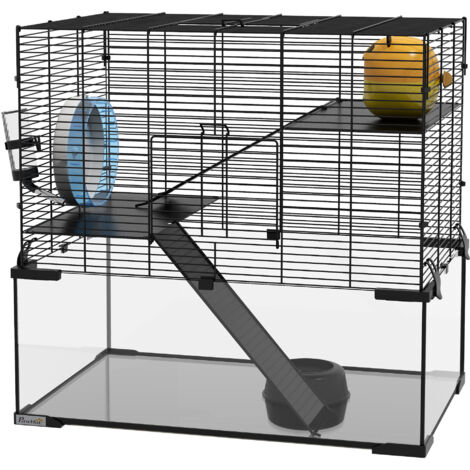 PawHut Casetta Criceti 3 Livelli con Ruota, Rampe e Base Rimovibile 60x40x54.5cm