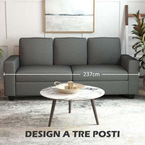 HOMCOM Divano Moderno 3 Posti in Tessuto con Cuscini, 237x94x102cm, Grigio
