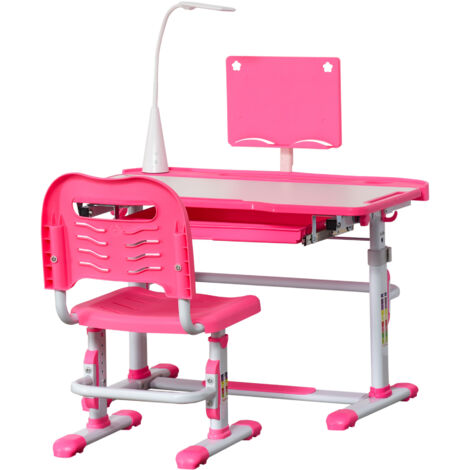 HOMCOM Set Banco Scuola per Bambini con Sedia Regolabile, Cassetto e Luce Rosa (1/5)
