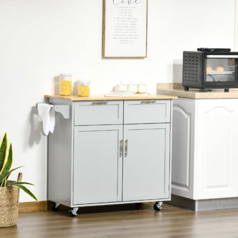 HOMCOM Isola da Cucina in Legno con 2 Cassetti, Armadietto e 4 Ruote, Grigio