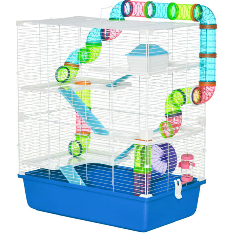 PawHut Gabbia per Criceto a 5 Livelli in Acciaio e Plastica Blu e Bianca