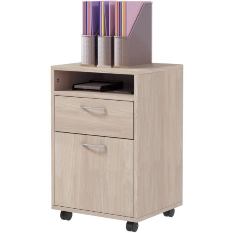 HOMCOM Cassettiera Portadocumenti con Ripiano Aperto e 2 Cassetti Rovere