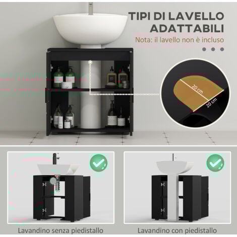 Mobiletto Bagno Sottolavabo Kleankin - 2 Ante, Grigio, 60x30x60 Cm Con Mensola Regolabile - Foto 3