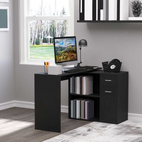 HOMCOM Scrivania Angolare con 2 Cassetti e 2 Ripiani in Legno Nero