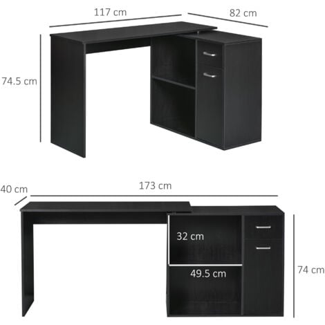 HOMCOM Scrivania Angolare con 2 Cassetti e 2 Ripiani in Legno Nero