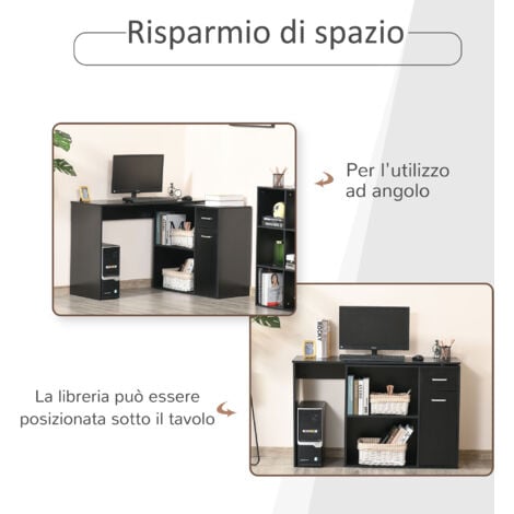 HOMCOM Scrivania Angolare con 2 Cassetti e 2 Ripiani in Legno Nero
