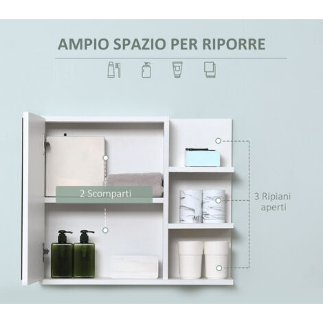 kleankin Mobile Specchiera Bagno Armadietto Pensile con Anta e Ripiani Bianco