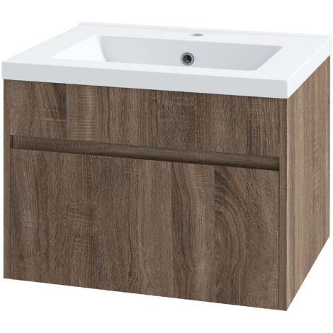 kleankin Mobile Lavabo 60cm con Lavandino in Ceramica e Cassetto Marrone Chiaro