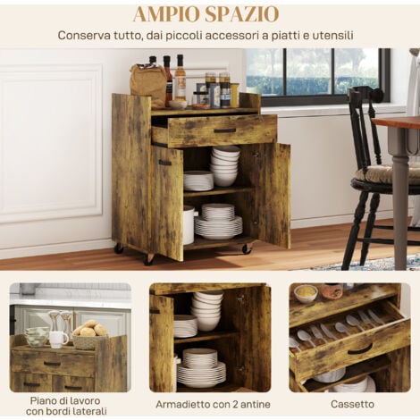 HOMCOM Carrellino da Cucina con Armadietto, Cassetto e 4 Ruote Legno Marrone