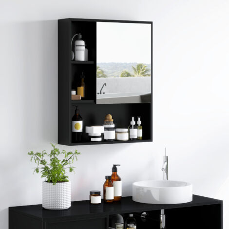 kleankin Pensile da Bagno con Specchio, Ripiani e Scaffale Regolabile Nero