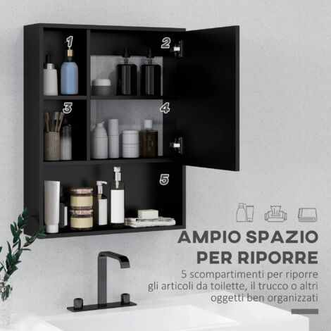 kleankin Pensile da Bagno con Specchio, Ripiani e Scaffale Regolabile Nero