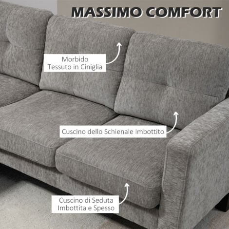 HOMCOM Divano ad Angolo in Tessuto Effetto Ciniglia con Cuscini Tortora