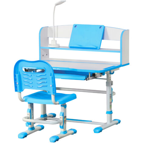 HOMCOM Banco per Bambini 6-12 Anni con Luce LED, Leggio e Portapenne Azzurro