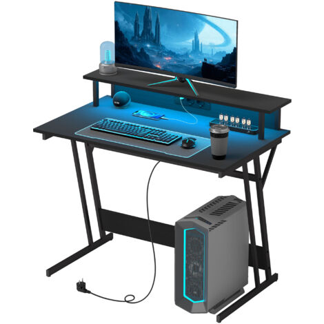 HOMCOM Scrivania PC con Luci LED e Supporto Monitor in Legno e Acciaio Nero