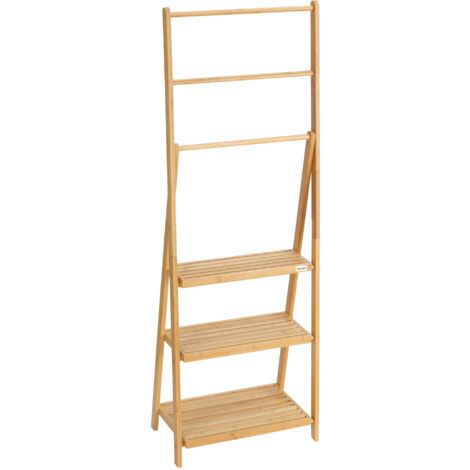 Portasciugamani Da Terra HOMCOM - 3 Ripiani In Bamb&ugrave; E 3 Barre, Pieghevole, Per Bagno Moderno