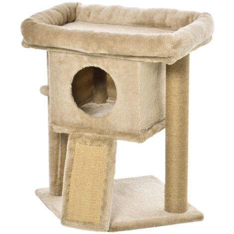 Tiragraffi Per Gatti PawHut Con Casetta E Lettino | Legno E Peluche | Verde | 44x33x61 Cm - Foto 5