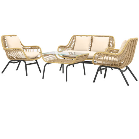 Outsunny Set d Esterno 4pz con Divanetto, 2 Sedie e Tavolino da Caffè Beige