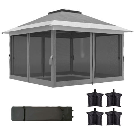Outsunny Gazebo Pieghevole 3.6x3.6m con Pareti a Rete Altezza Regolabile Grigio