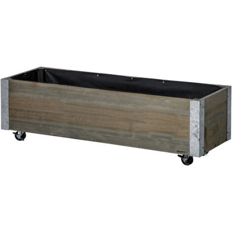 Outsunny Fioriera in Legno Rettangolare con Ruote e Freno 96x30.6x30 cm Grigio (1/5)