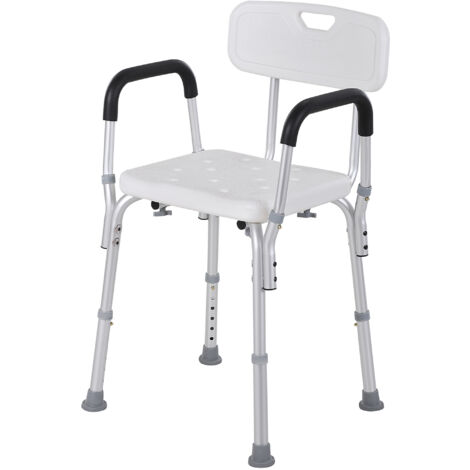 HOMCOM Sedia Doccia con Schienale, Braccioli, Sgabello Doccia in Alluminio con Altezza Regolabile a 6 Livelli 71-84cm e Piedini Antiscivolo, per Anziani e Disabili, Bianco