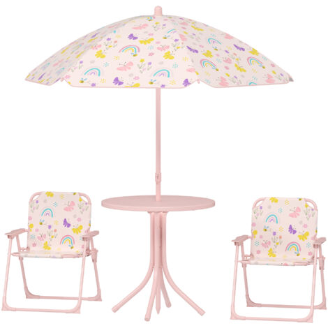AIYAPLAY Set Tavolo, 2 Sedie e Ombrellone da Giardino per Bimbi 2-5 Anni Rosa
