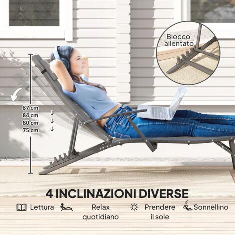 Lettino Spiaggia Rete Textilene Lettini Prendisole Pieghevoli Outsunny  Schienale Regolabile Posizioni Grigio Sdraio Giardino Spiaggia