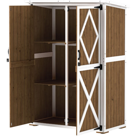 Outsunny Capanno Attrezzi con 2 Ripiani e 2 Porte in Legno Marrone e Bianco